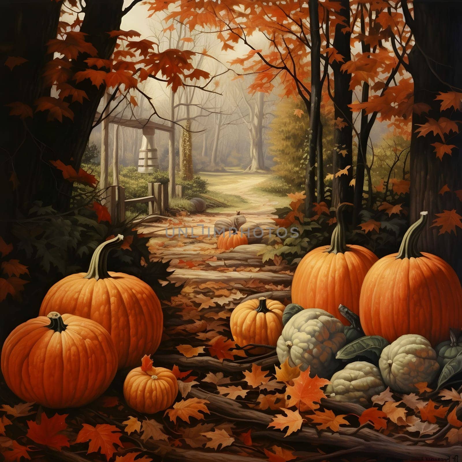 Illustration of pumpkins in the forest around the leaves. Pumpkin as a dish of thanksgiving for the harvest. The atmosphere of joy and celebration.