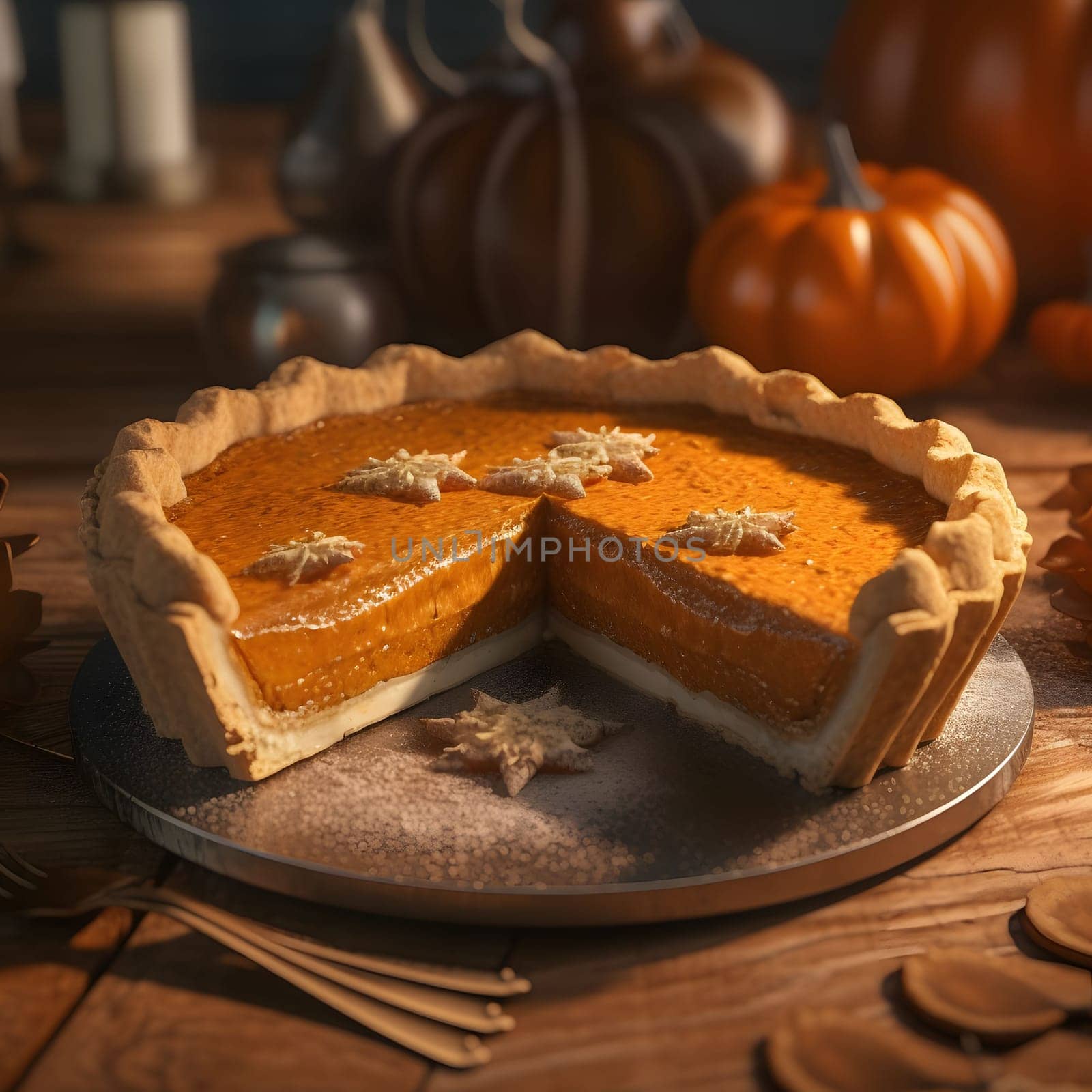 Pumpkin cake with stars, smeared pumpkins in the background. Pumpkin as a dish of thanksgiving for the harvest. The atmosphere of joy and celebration.
