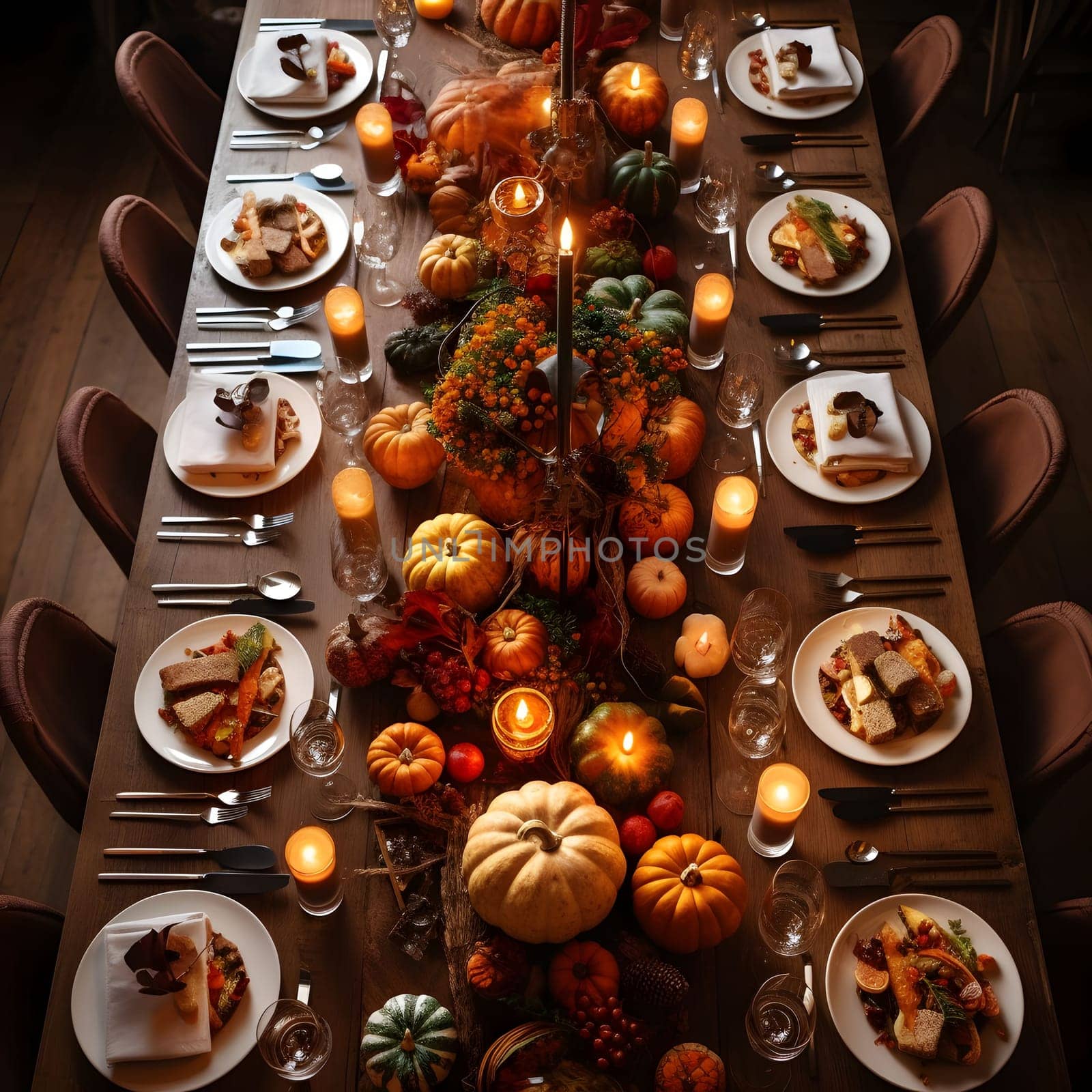 Top view of an elegantly set table, plates, cutlery, pumpkin candles, glasses. Pumpkin as a dish of thanksgiving for the harvest. An atmosphere of joy and celebration.