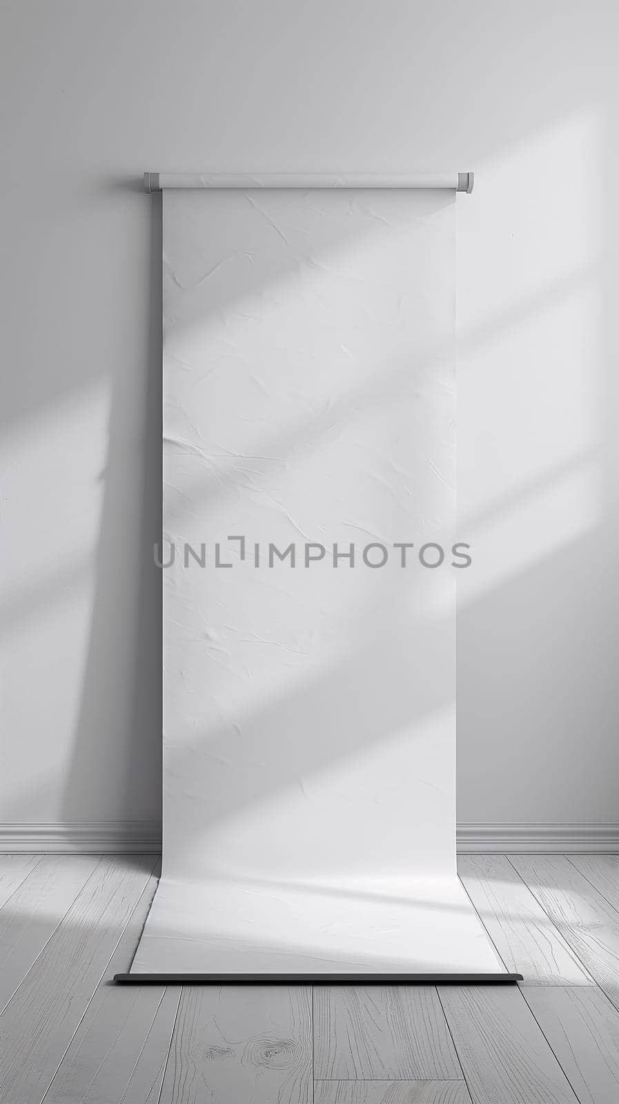 standalone blank white banner is displayed on a metal stand with beige background, suggesting an environment prepared for conferences, or marketing events - ideal for branding mockups - Generative AI