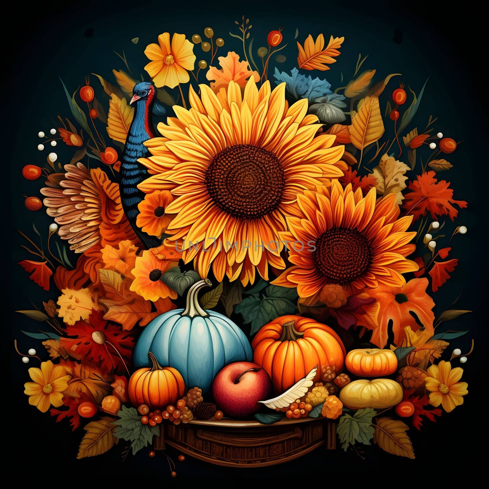 Basket of autumn flowers and a harvest of sizable on a black isolated background. Pumpkin as a dish of thanksgiving for the harvest. by ThemesS