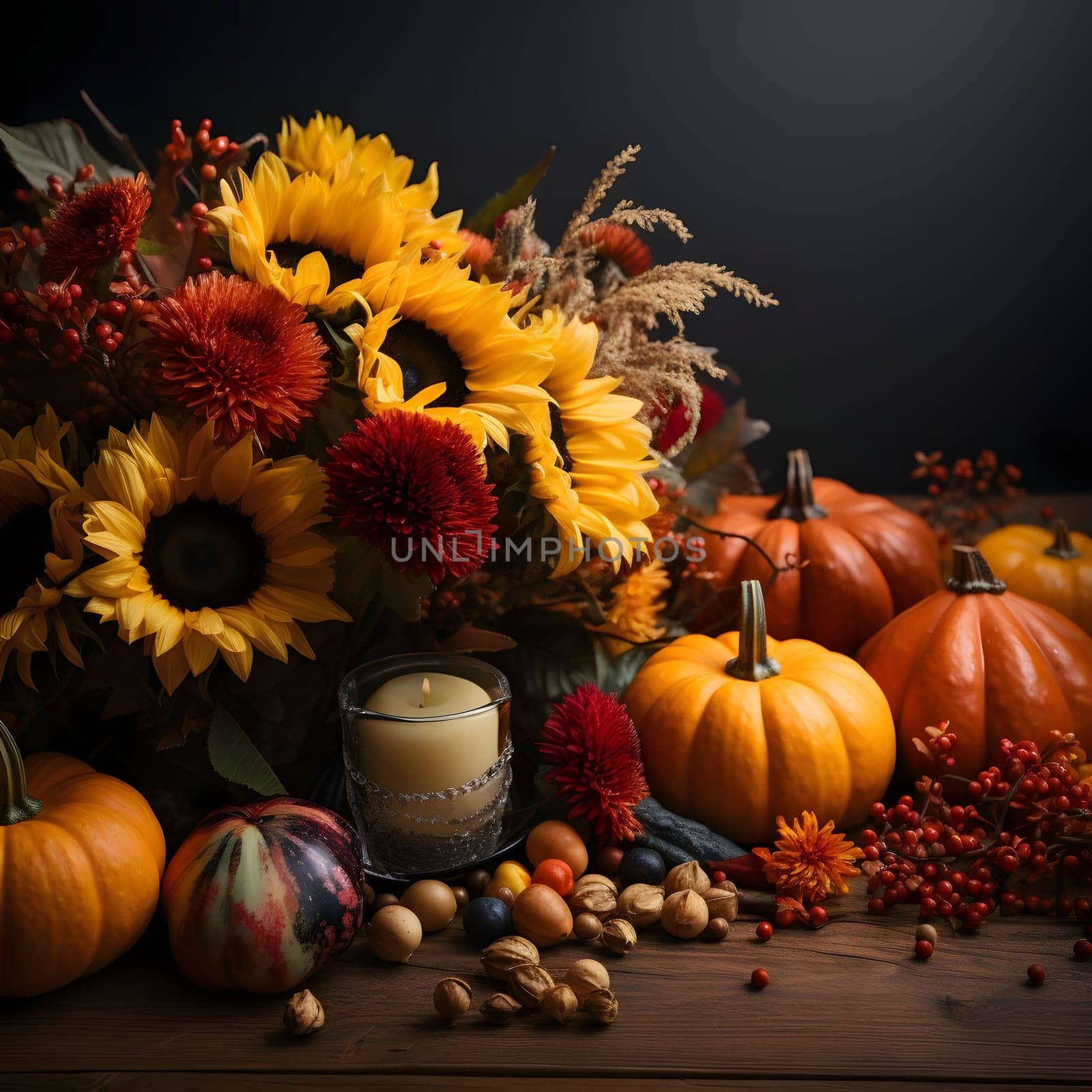 Sunflowers, pumpkins, rowan, vegetables. Harvest from the field on a dark board wooden background. Pumpkin as a dish of thanksgiving for the harvest. by ThemesS