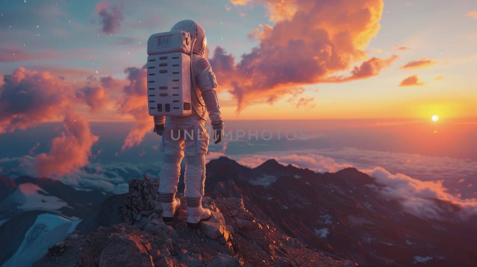 A person wearing a spacesuit walking up a mountain peak with Raise a fist