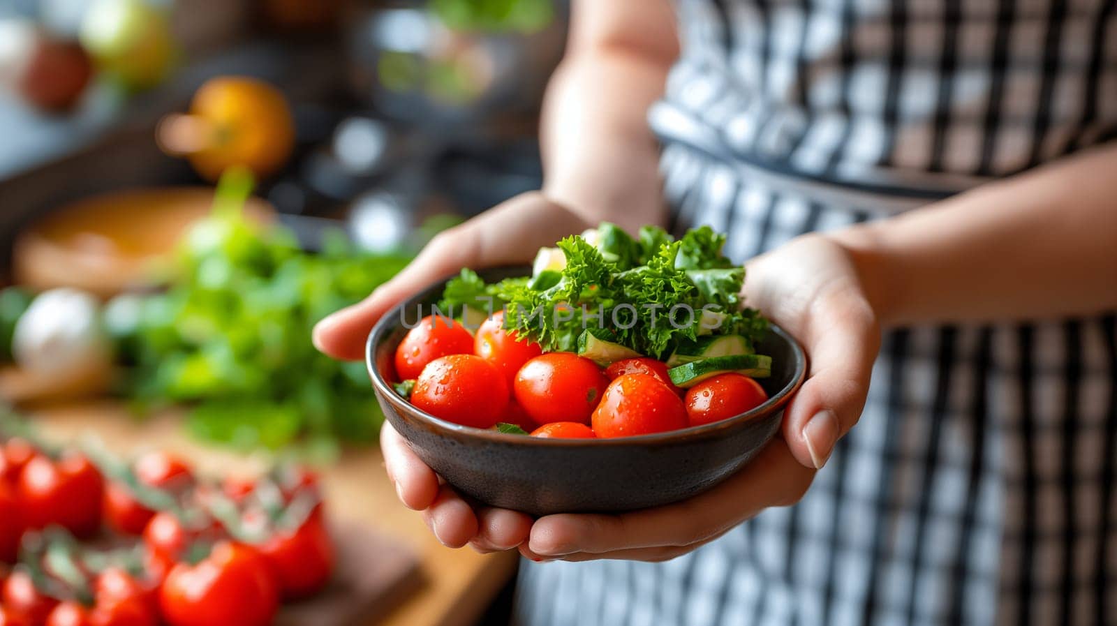 Fresh Tomatoes and Greens Held in Bowl by Person in Apron by chrisroll