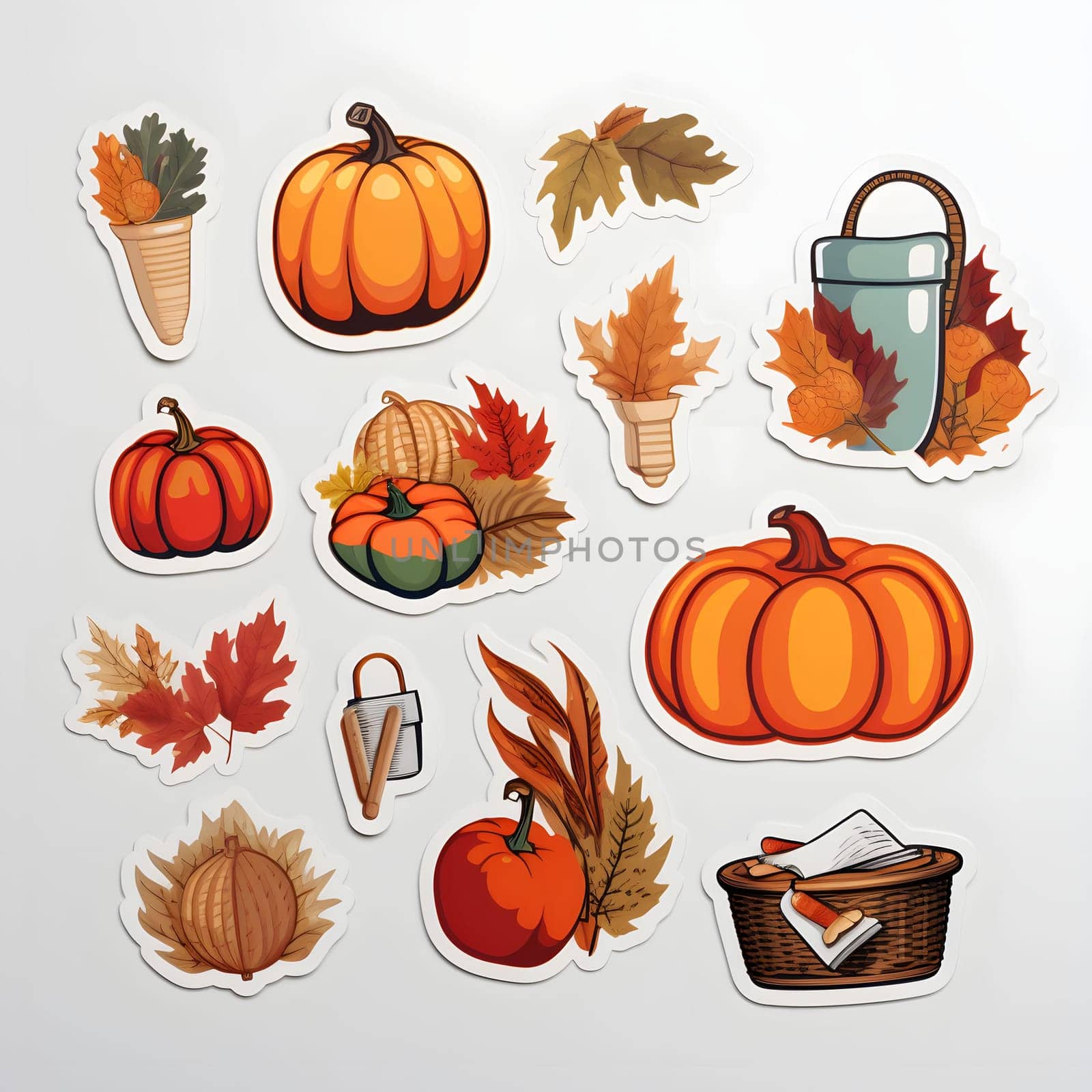Stickers related to the Thanksgiving holiday, Turkey, Pumpkins. Pumpkin as a dish of thanksgiving for the harvest, picture on a white isolated background. An atmosphere of joy and celebration.