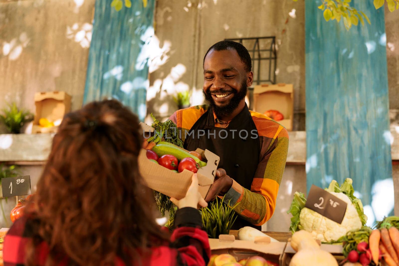 Smiling african american seller handing over variety of organic seasonal produce to caucasian female customer. Cheerful small farm business owner with apron giving box full of fresh fruits and veggies.