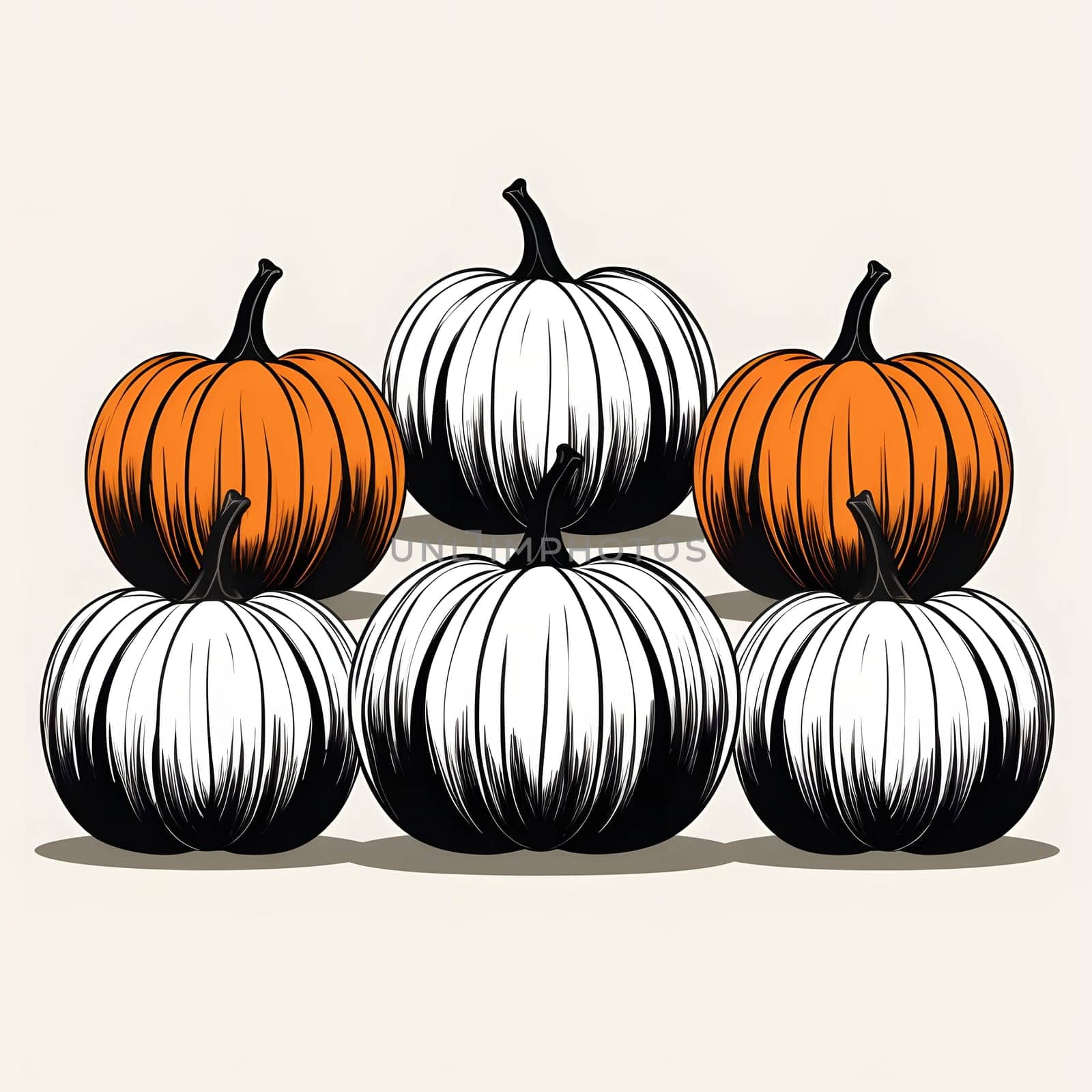 Black and white and colorful pumpkins. Pumpkin as a dish of thanksgiving for the harvest, picture on a white isolated background. Atmosphere of joy and celebration.