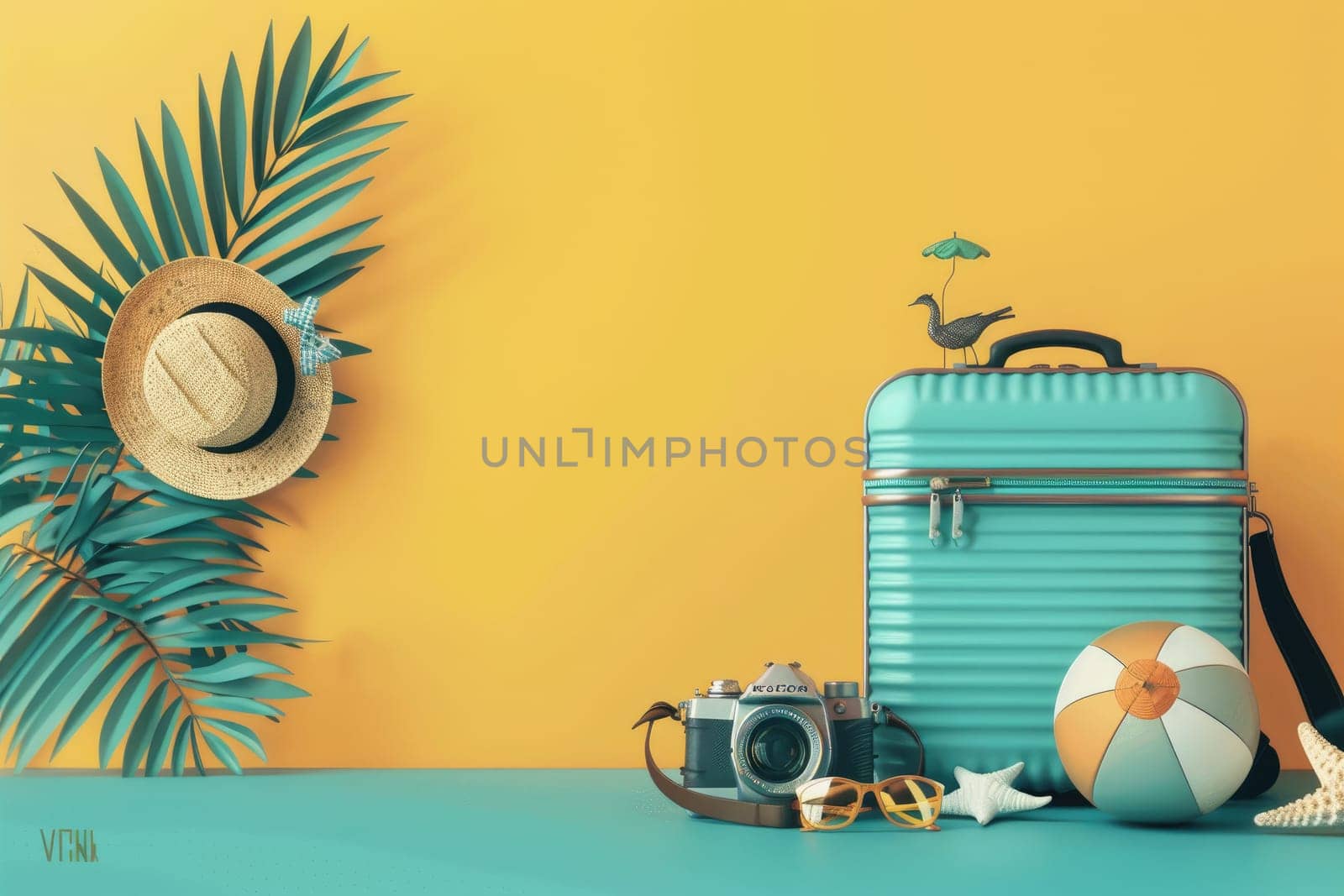 vacation travel time banner, travel suitcase with exotic destination inside with copy space area. by Chawagen