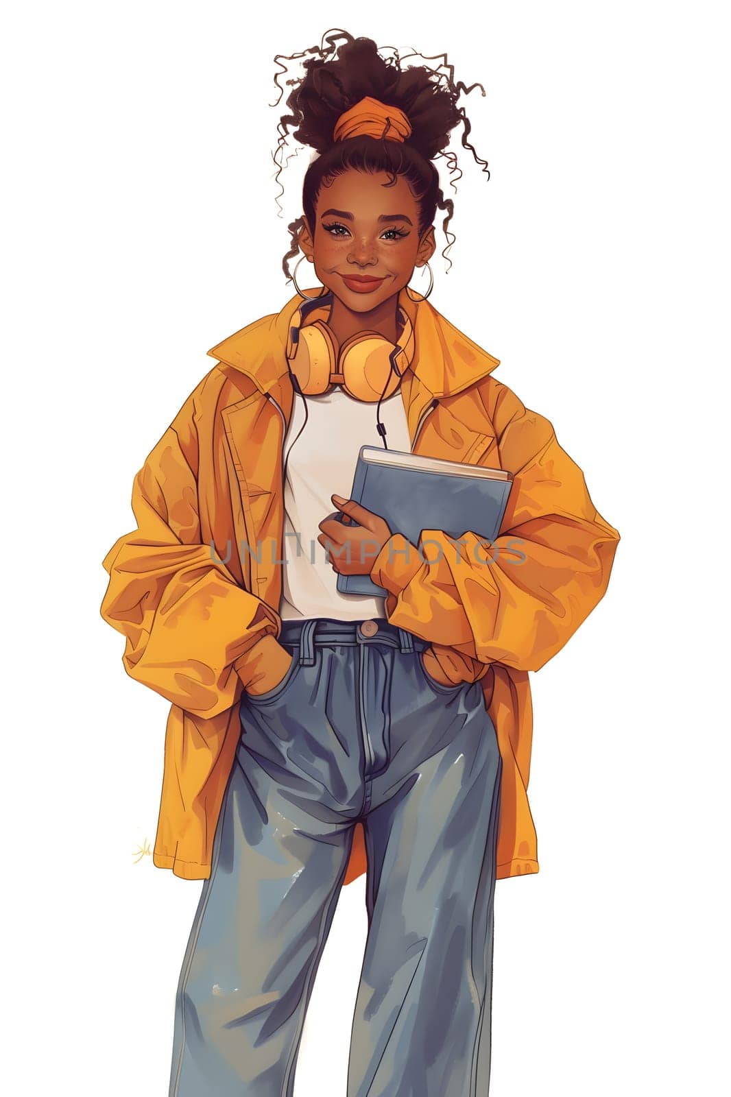 A woman in workwear, wearing headphones and a yellow jacket, is smiling while holding a book. Her denim sleeve and dress shirt collar show a fashionable gesture with her thumb