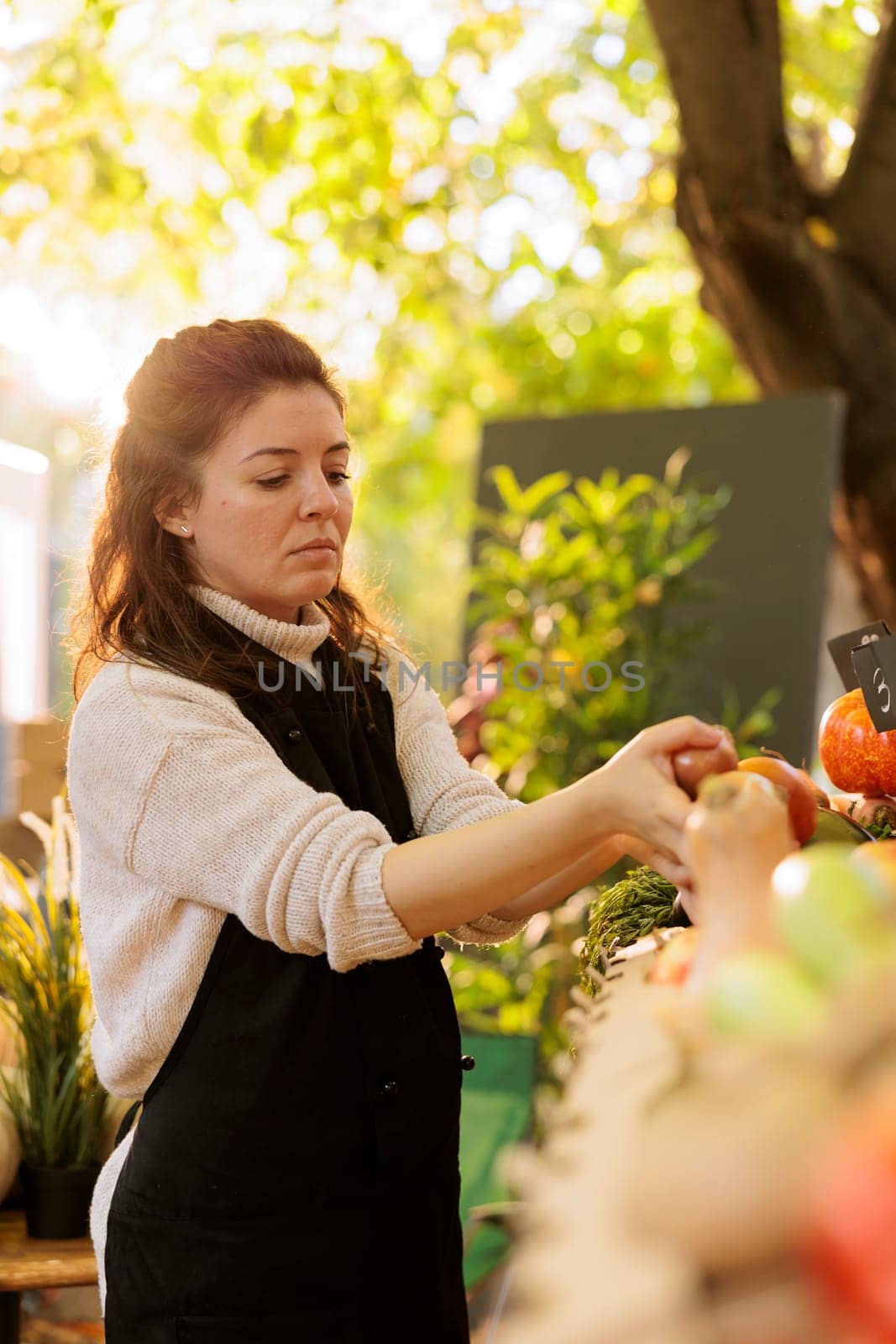 Woman arranging fresh produce on booth by DCStudio