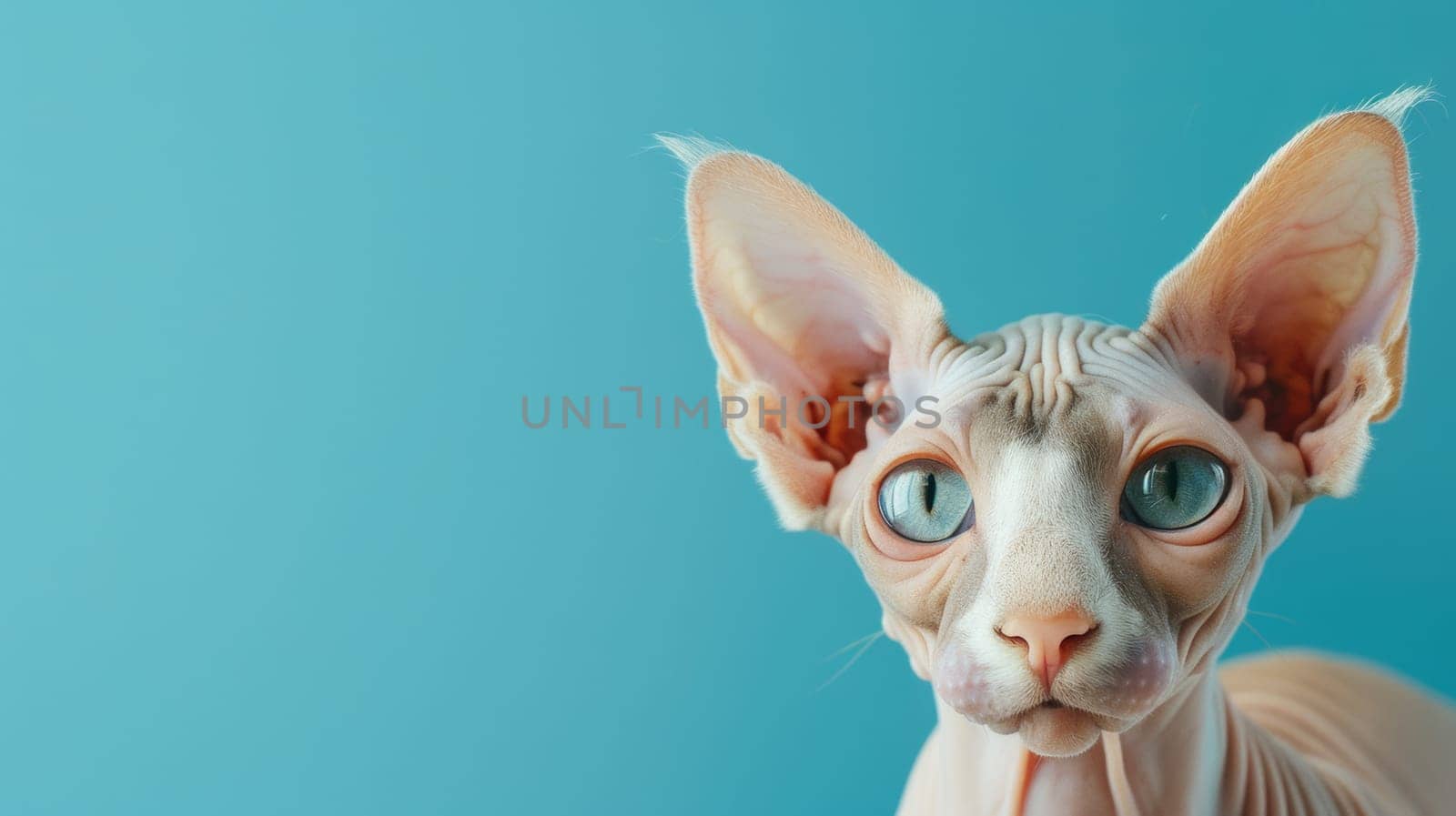 Close-up portrait of a hairless Sphinx cat with blue eyes on a teal background