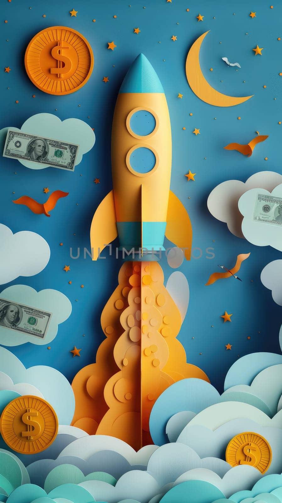 Minimalist paper cutout illustration of rocket is launching, coin and dollar bill. by Chawagen