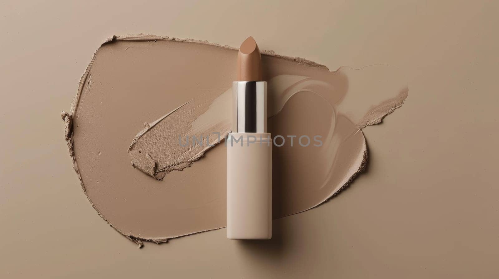 Nude lipstick with swiped foundation on a beige background