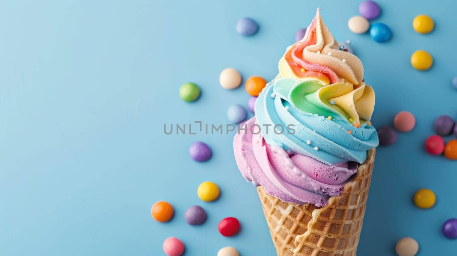A classic ice cream cone topped with a vibrant rainbow swirl, standing against a plain background. The colorful swirl contrasts beautifully with the creamy vanilla ice cream in a delicious and visually appealing treat.