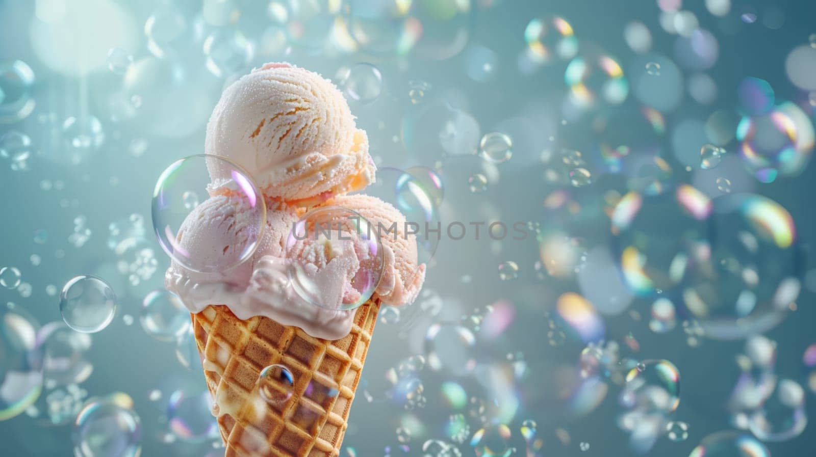 Melting Vanilla Ice Cream Cone with Soap Bubbles.