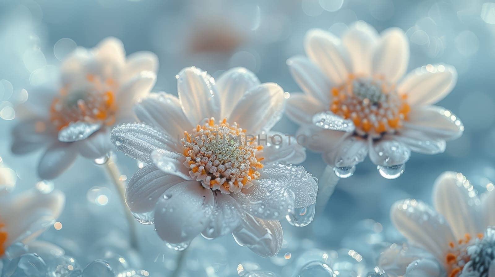 A cluster of white flowers is adorned with glistening water droplets, adding a fresh and vibrant look to the petals. The flowers appear delicate yet resilient in their beauty, as the droplets reflect the surrounding light.