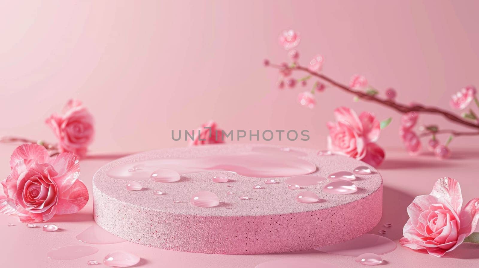 Pink podium with roses and water droplets on a pink background