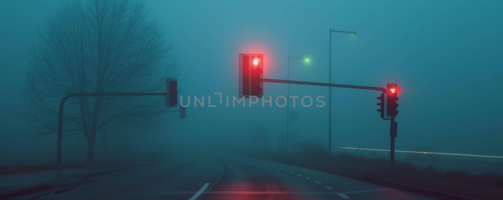 Misty road with red traffic lights in twilight