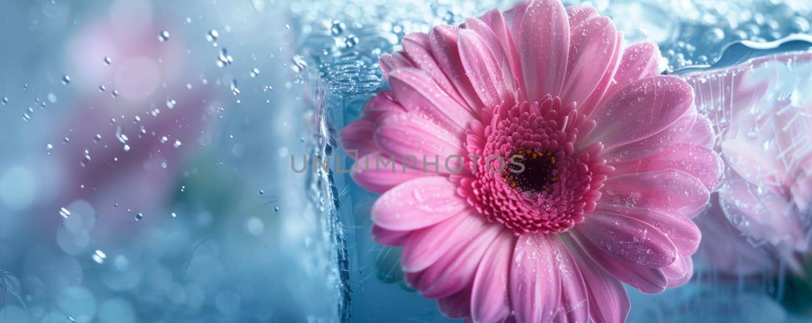 Pink gerbera flower resting on a ice crystal by Anastasiia