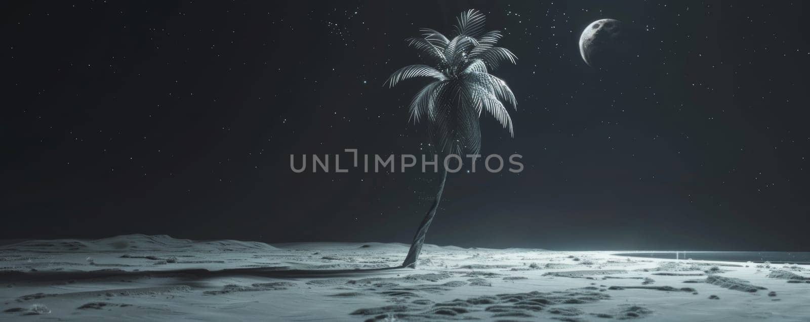 Palm tree on a moonlit sand landscape with distant planet