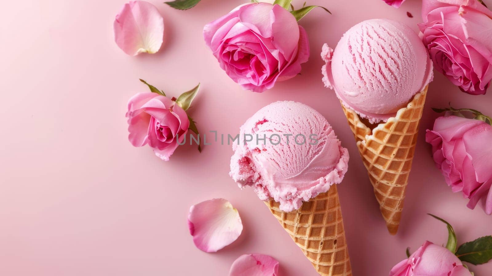 Two ice cream cones featuring pink flowers displayed on a pink background. The cones are standing upright alongside each other, showcasing the colorful and decorative toppings against the soft pink backdrop.