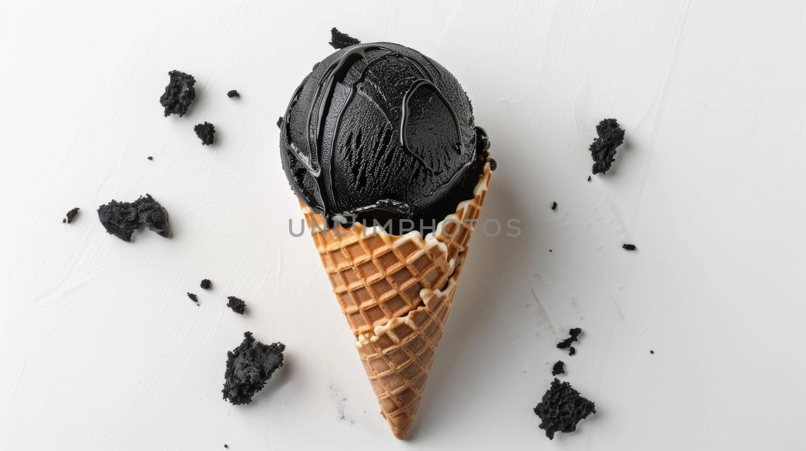 An ice cream cone filled with black coal, creating a striking contrast between the sweet treat and the dark, gritty coal. The cone is filled to the brim with shiny black pieces of coal, resembling a traditional ice cream scoop.