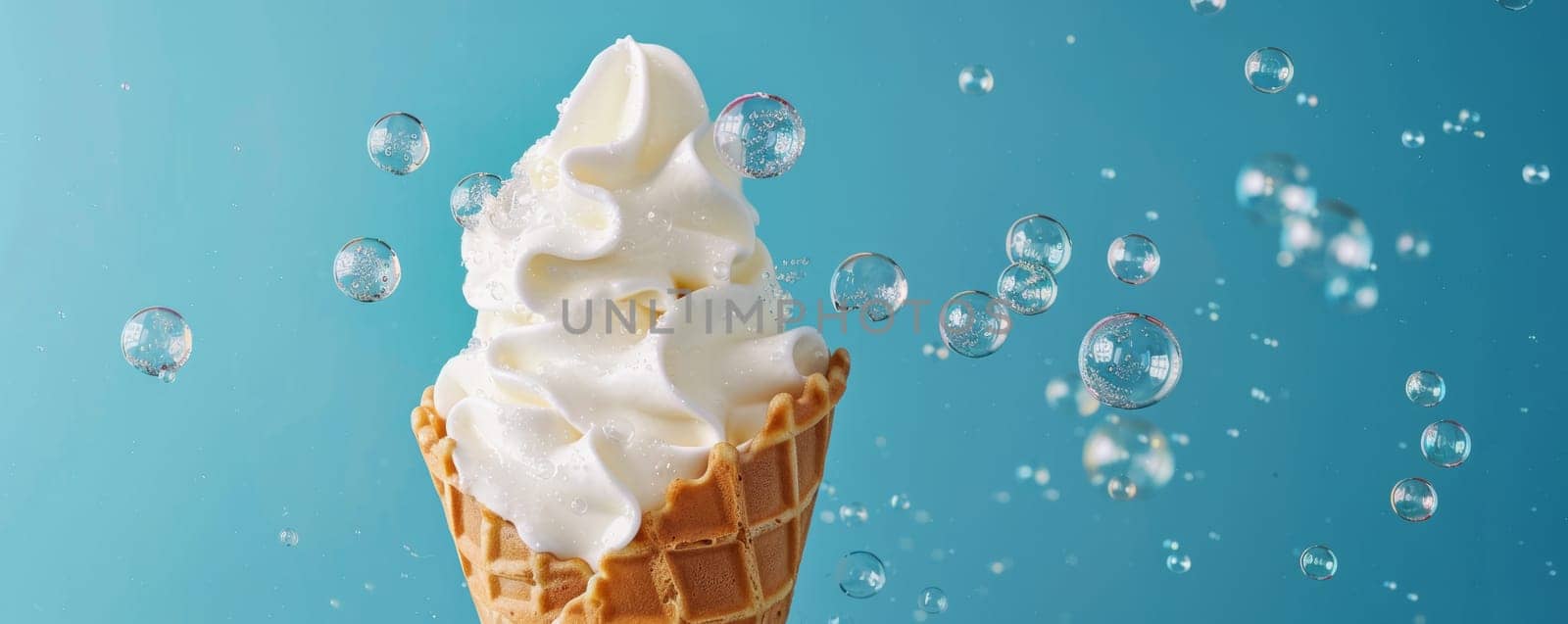 White ice cream in waffles cone with bubbles on blue background.