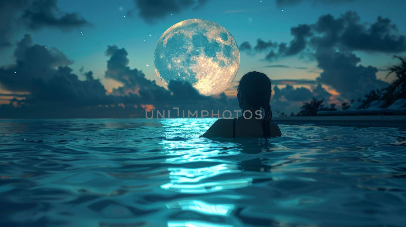 Woman swimming in the sea at moonlight.