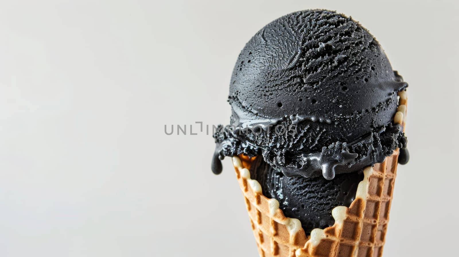 Close-up of black ice cream in waffle cone.