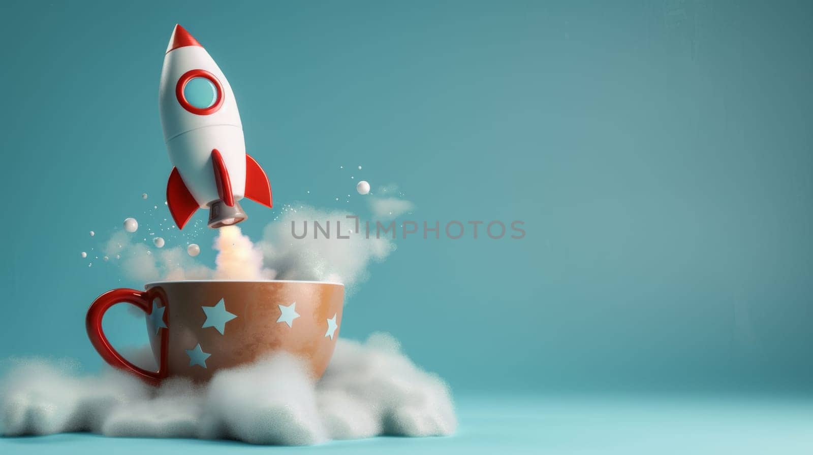 Rocket launching from a star-patterned coffee cup on a blue background