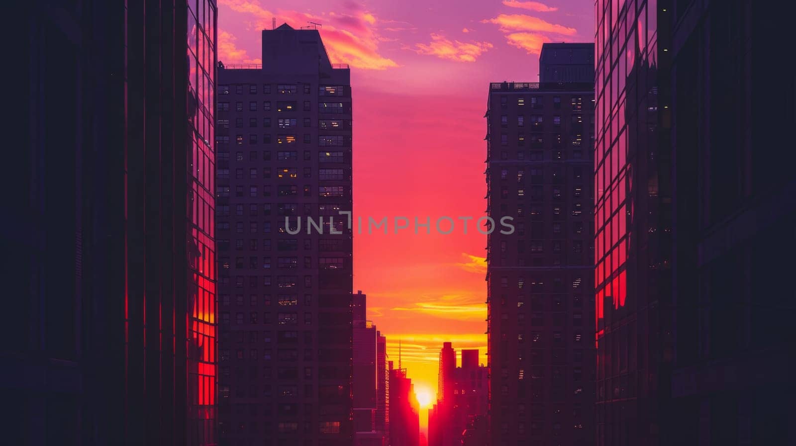 Sunset between city skyscrapers