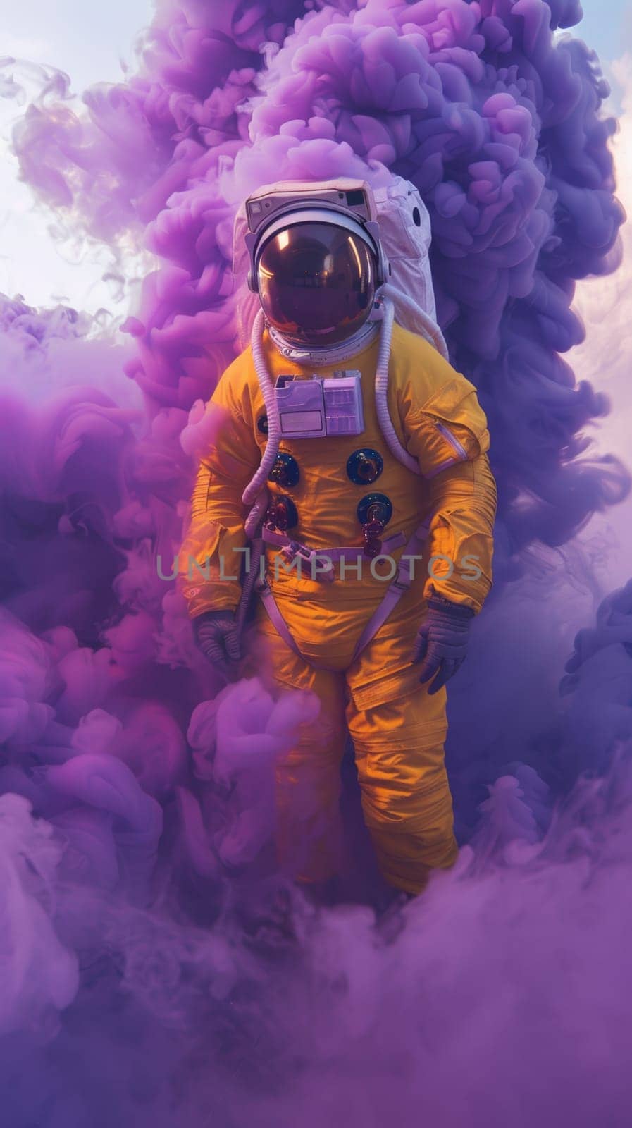 Astronaut in yellow space suit standing in purple smoke.