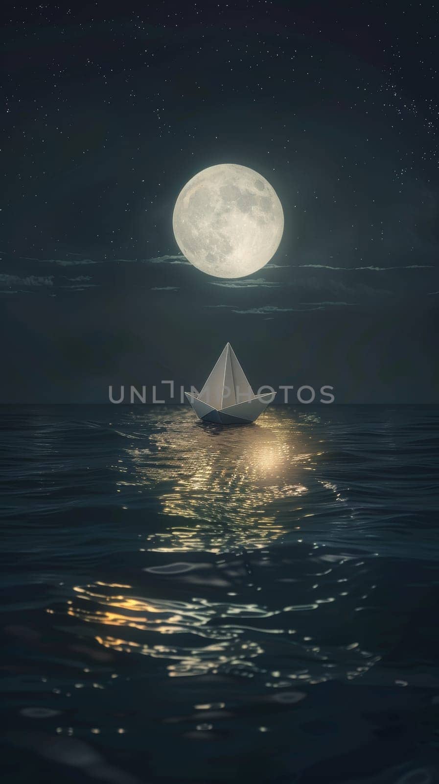 Paper boat floating on a moonlit sea