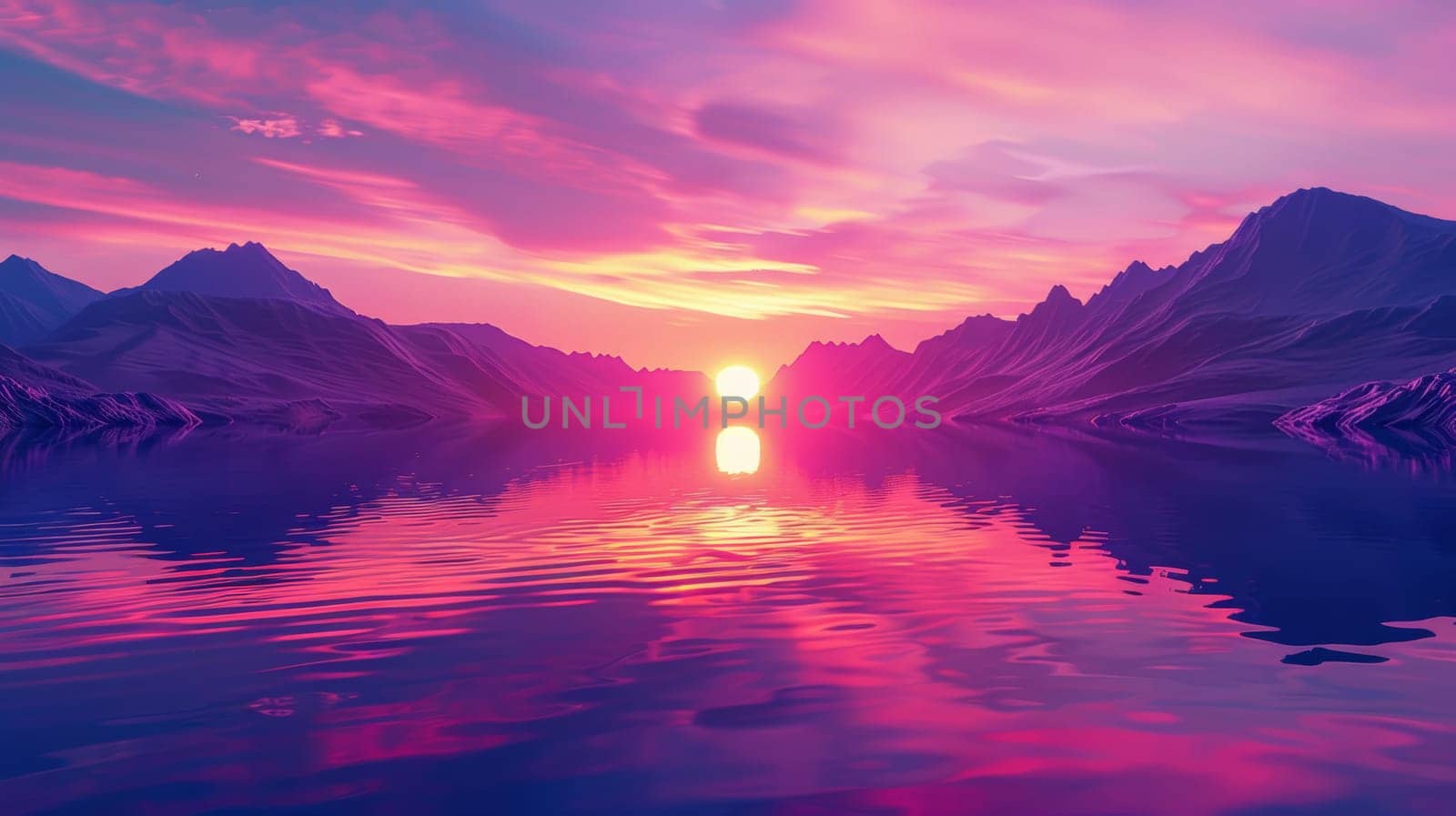 Purple sunset over mountainous lake landscape.