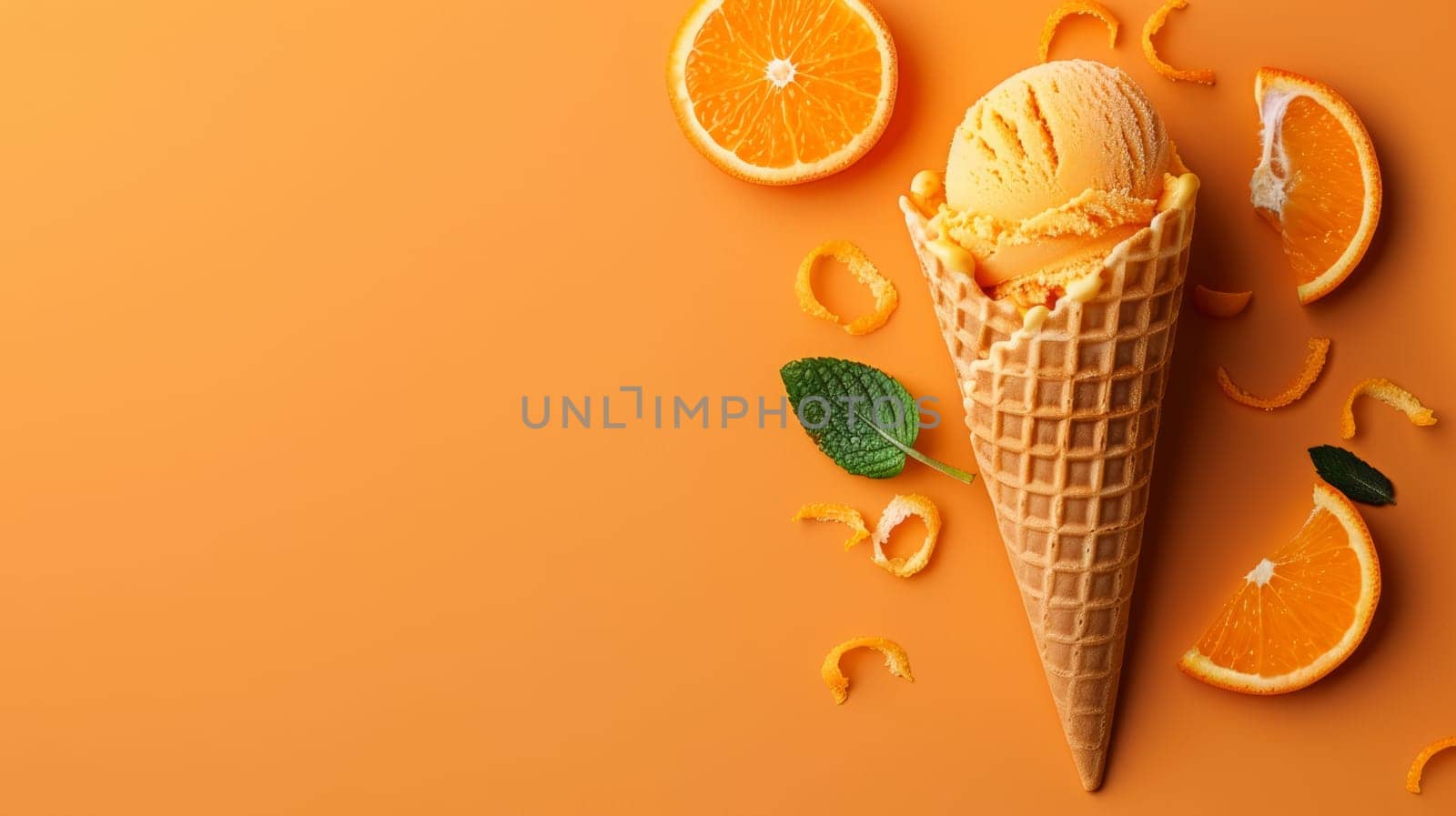 An ice cream cone filled with creamy vanilla ice cream topped with fresh orange slices, set against a vibrant orange background. The juicy citrus fruits complement the sweet treat, creating a refreshing and flavorful dessert.