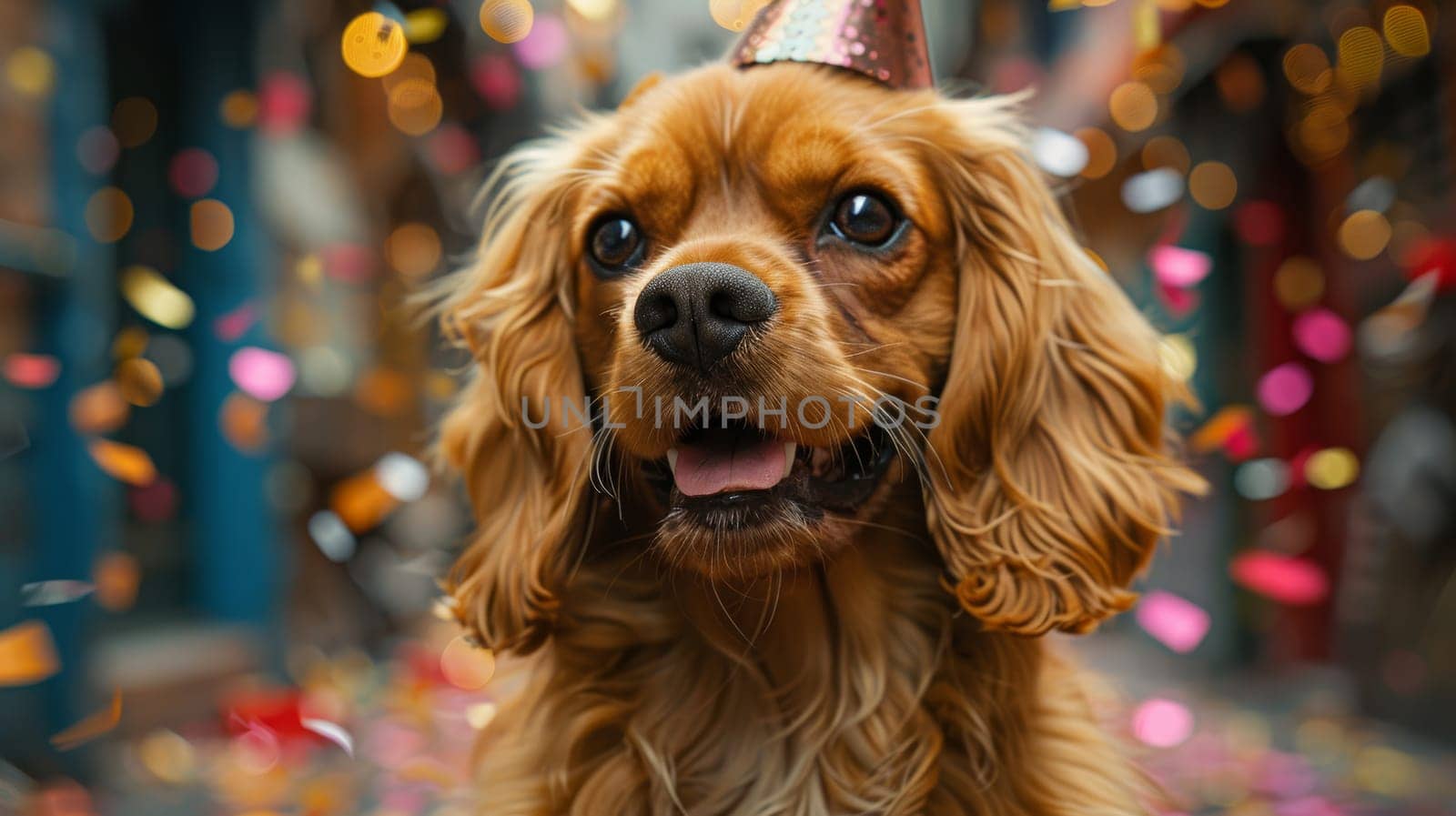 A playful dog dons a colorful party hat on its head, adding a touch of festivity to the scene.