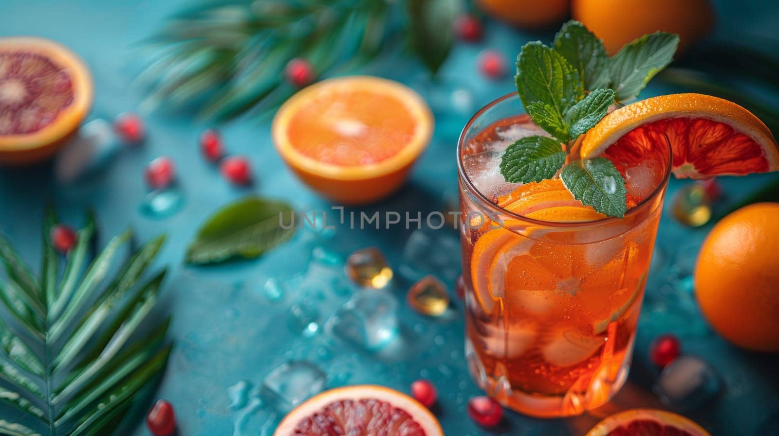 A glass filled with a drink stands on a table, perfectly surrounded by vibrant oranges. The refreshing beverage contrasts beautifully with the bright citrus fruits.