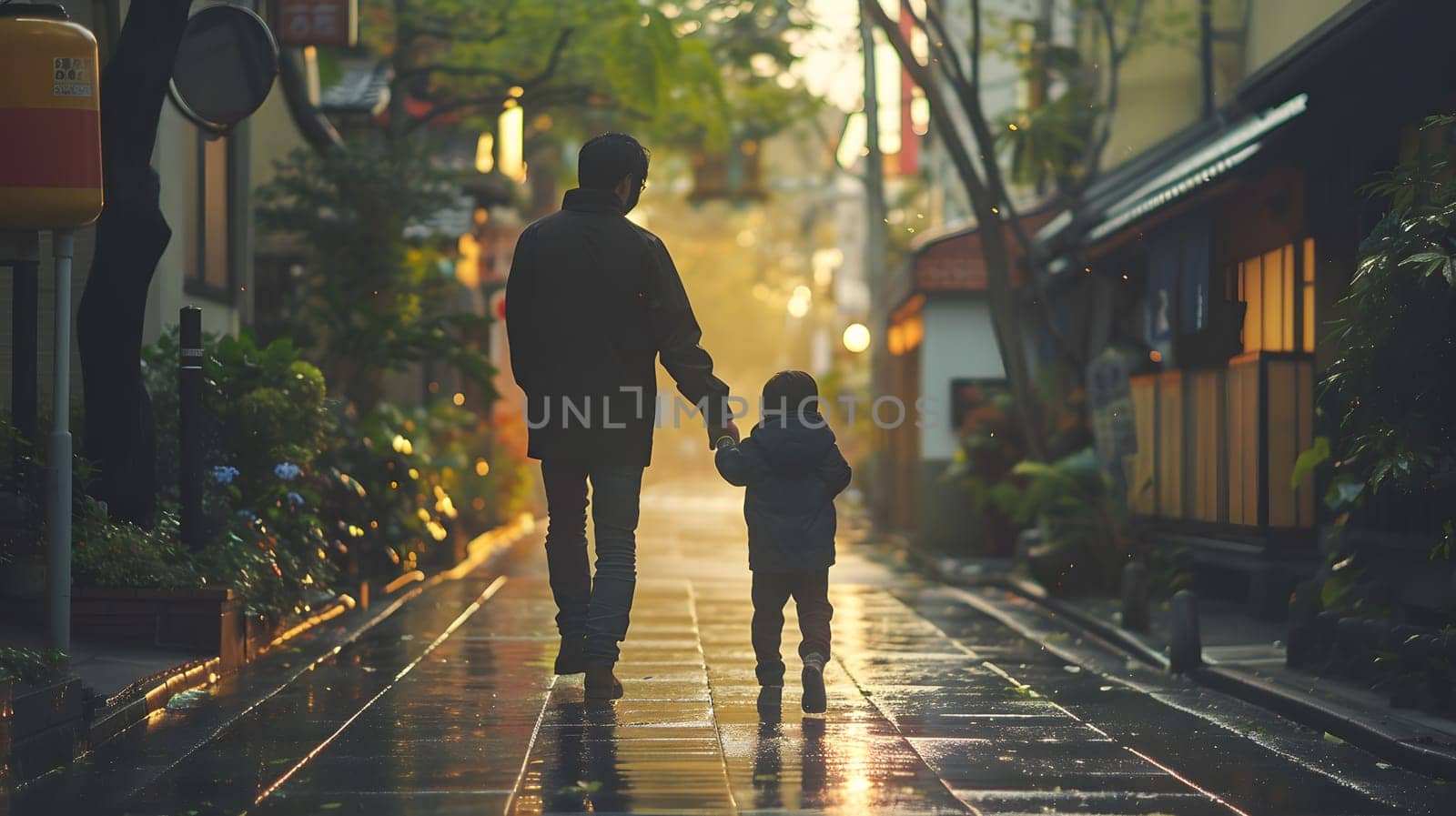 A man and a child are strolling along a damp street, their hands intertwined. The gentle light reflects off the wet asphalt, creating a serene atmosphere