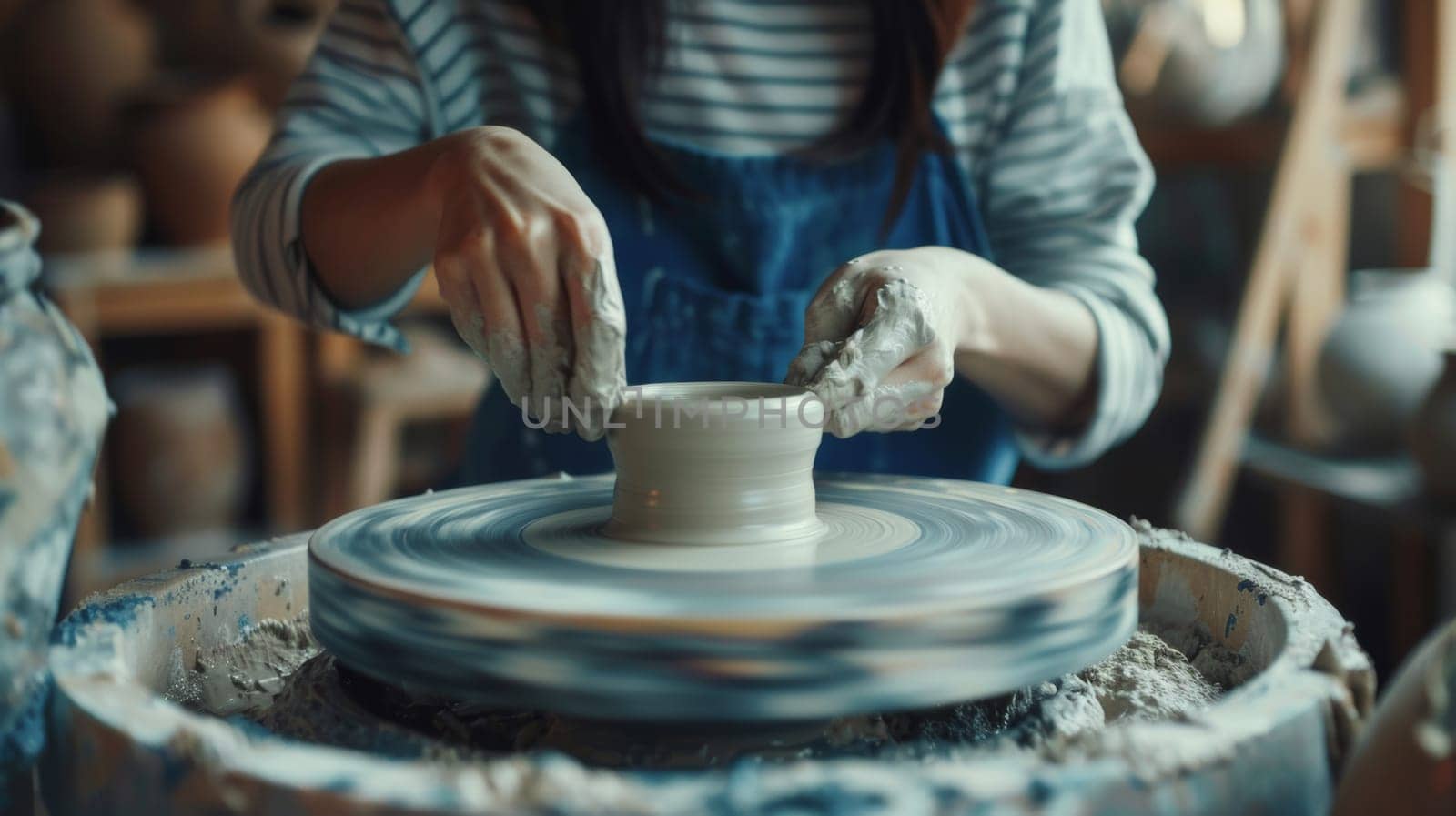 Potter crafting a clay pot on the spinning wheel.