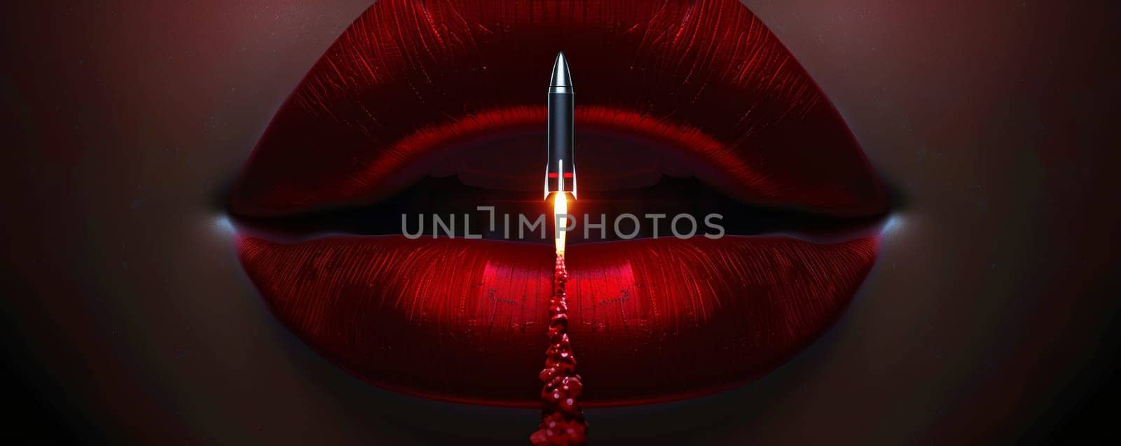 Red lipstick on lips forming a rocket launch