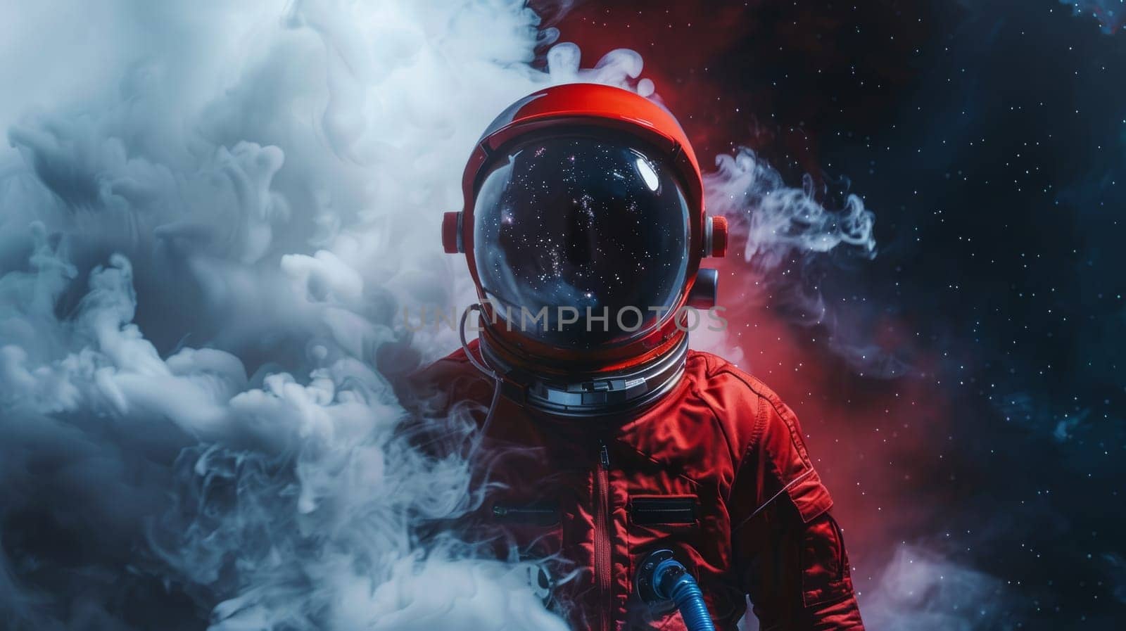 A man in a space suit is enveloped by swirling smoke in a mysterious and unsettling environment. The astronaut appears isolated and vulnerable as he navigates the dense haze around him.