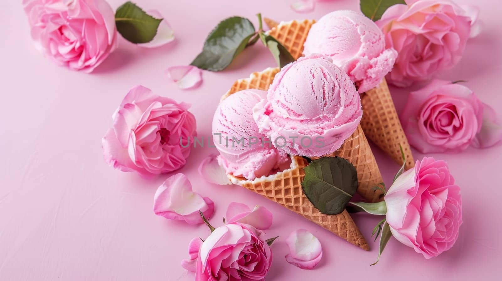 Pink ice cream with roses on pastel background.