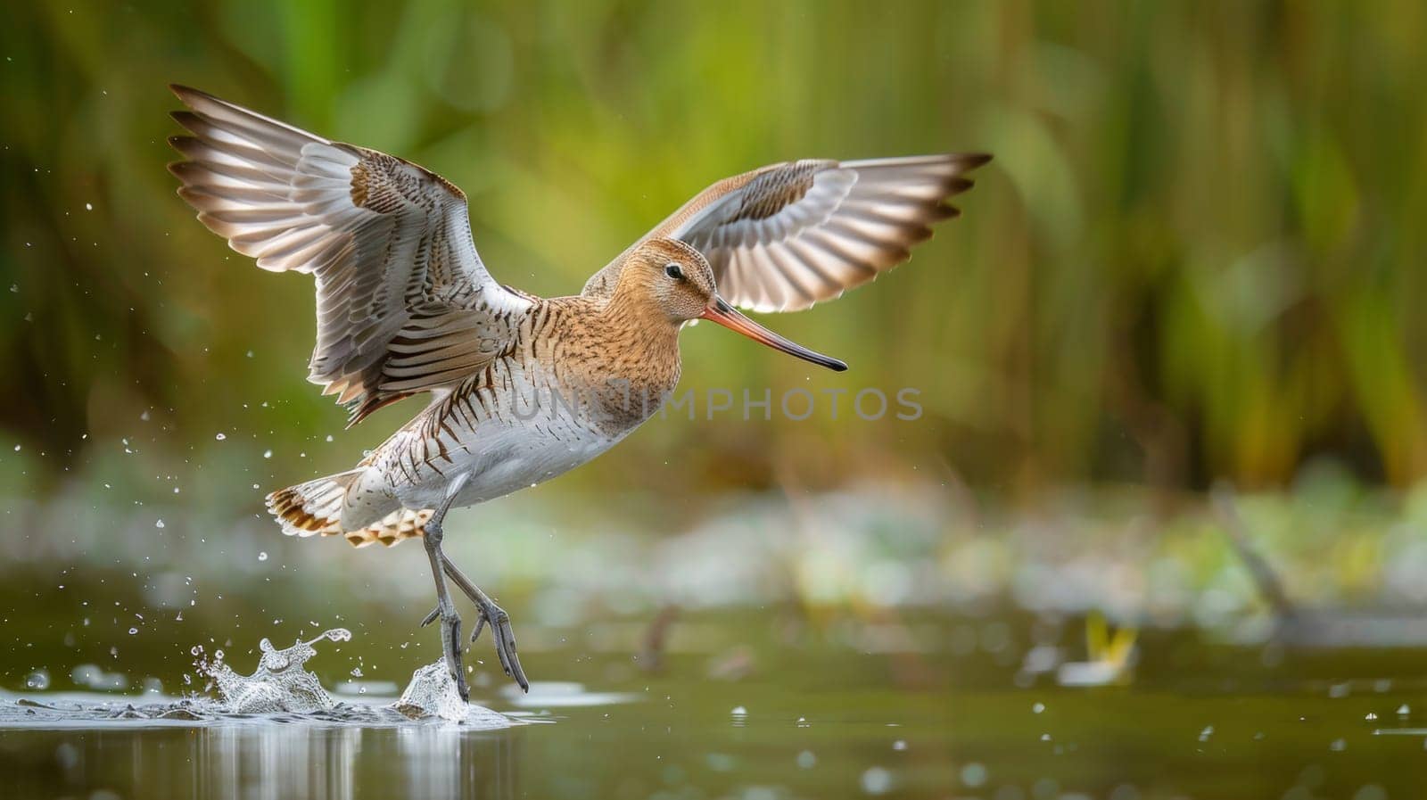 Black-tailed godwit landing on water