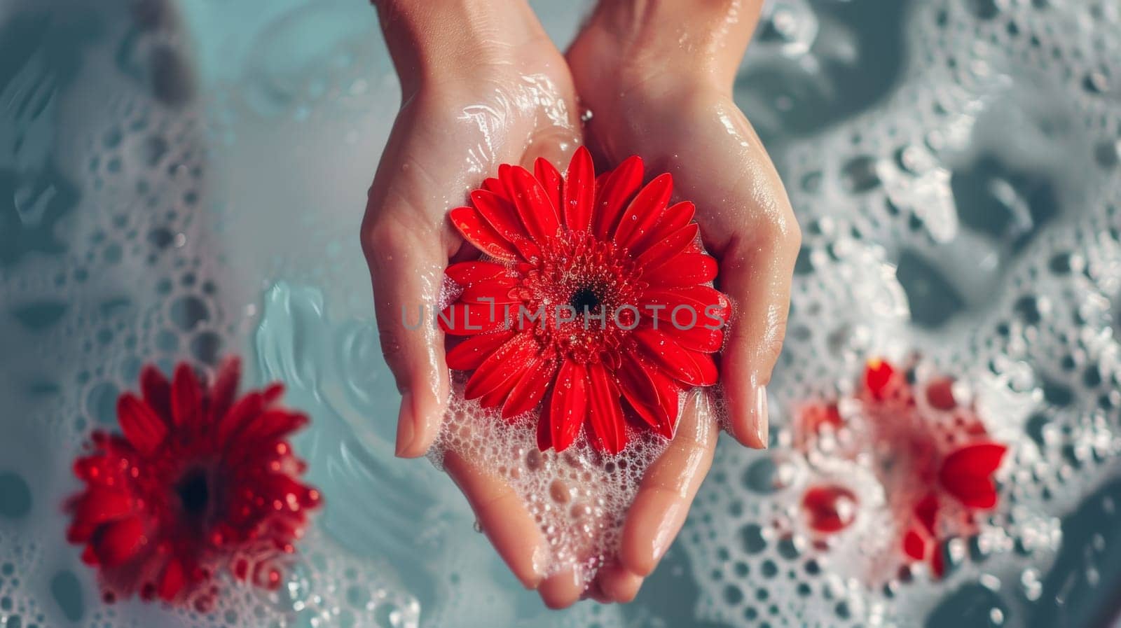 A person is seen gently holding a vibrant red flower in a bath filled with water. The individuals hand is submerged in the water, showcasing the delicate petals of the flower.