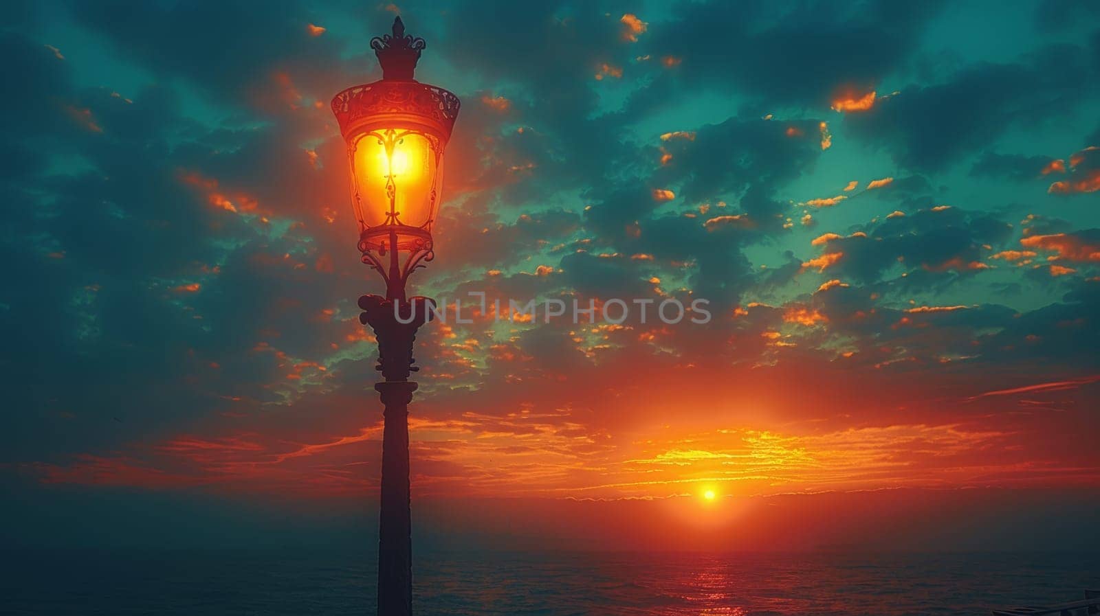 Illuminated street lamp against a spectacular sunset over the ocean