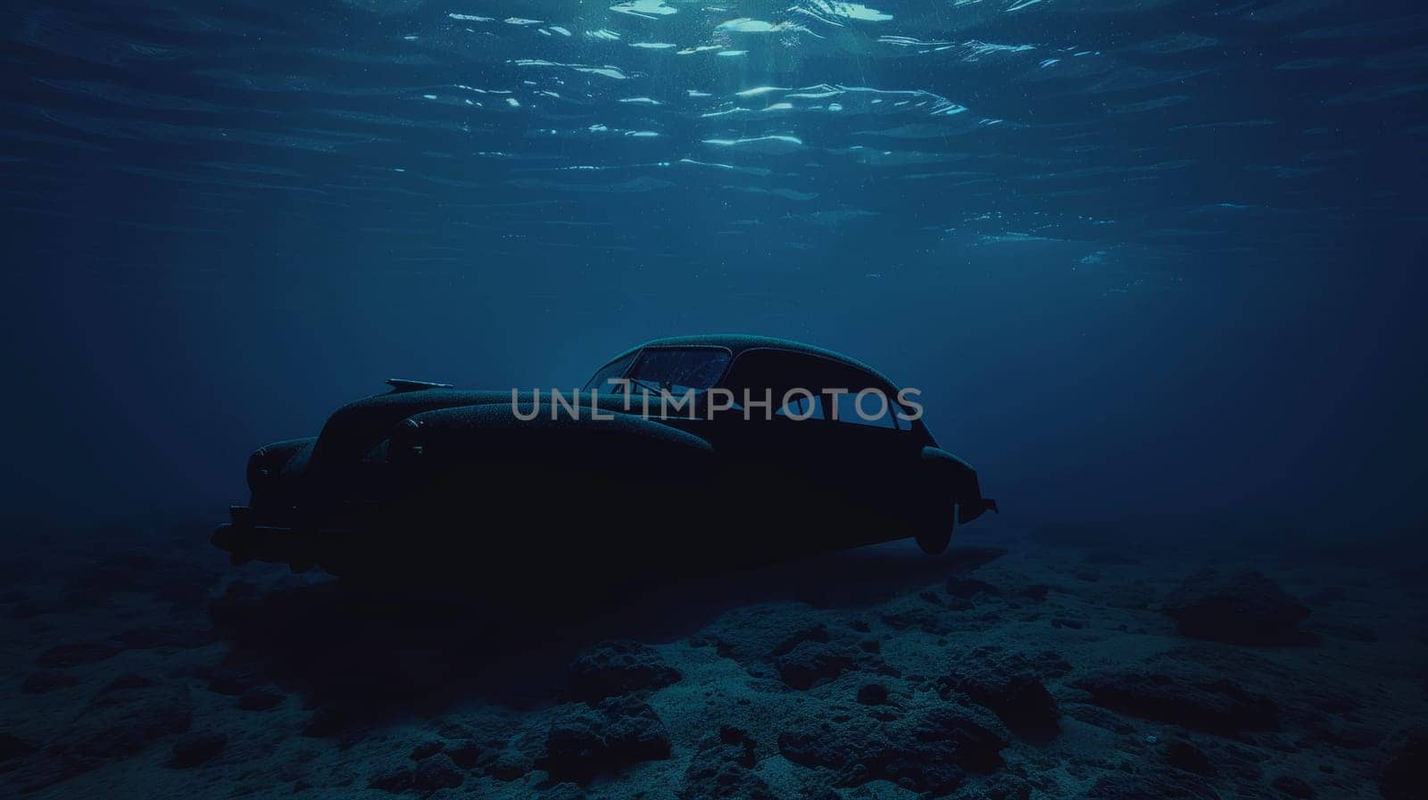 Vintage car submerged in a deep blue underwater environment