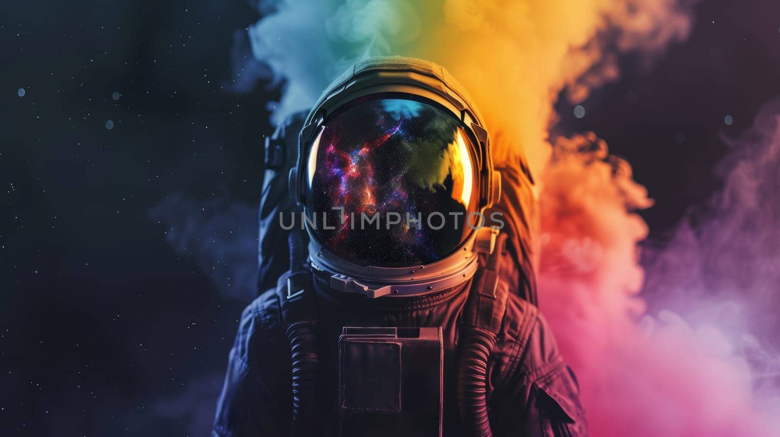A man in a space suit stands in front of a vibrant rainbow cloud, showcasing the contrast between futuristic technology and colorful natural phenomenon.