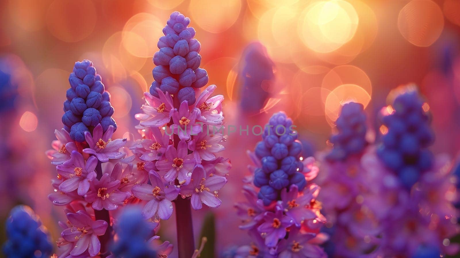 Blue and pink hyacinth flowers with soft bokeh background