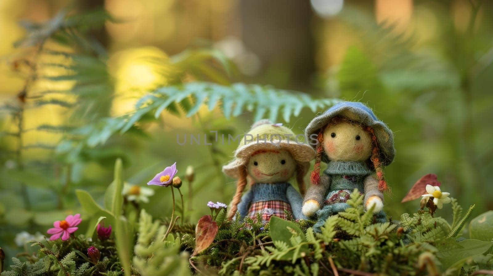 Two handmade dolls seated among forest plants