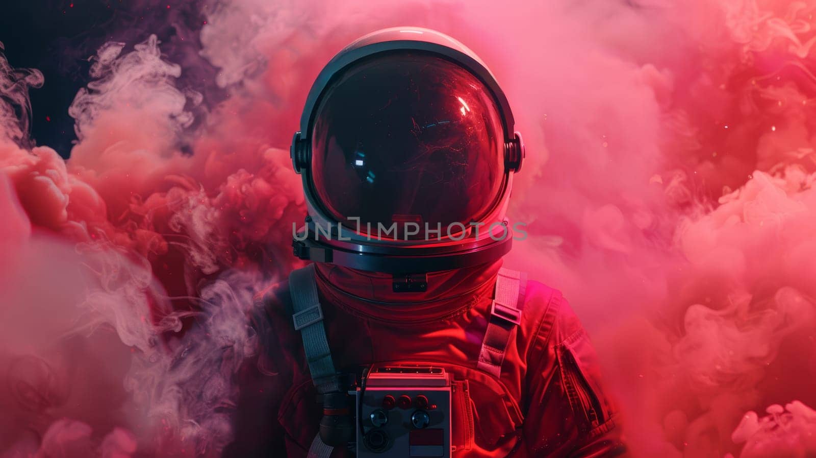 A man wearing a space suit stands amidst billowing smoke, creating an eerie and otherworldly atmosphere. The smoke swirls around him, partially obscuring his figure and adding a sense of mystery to the scene.